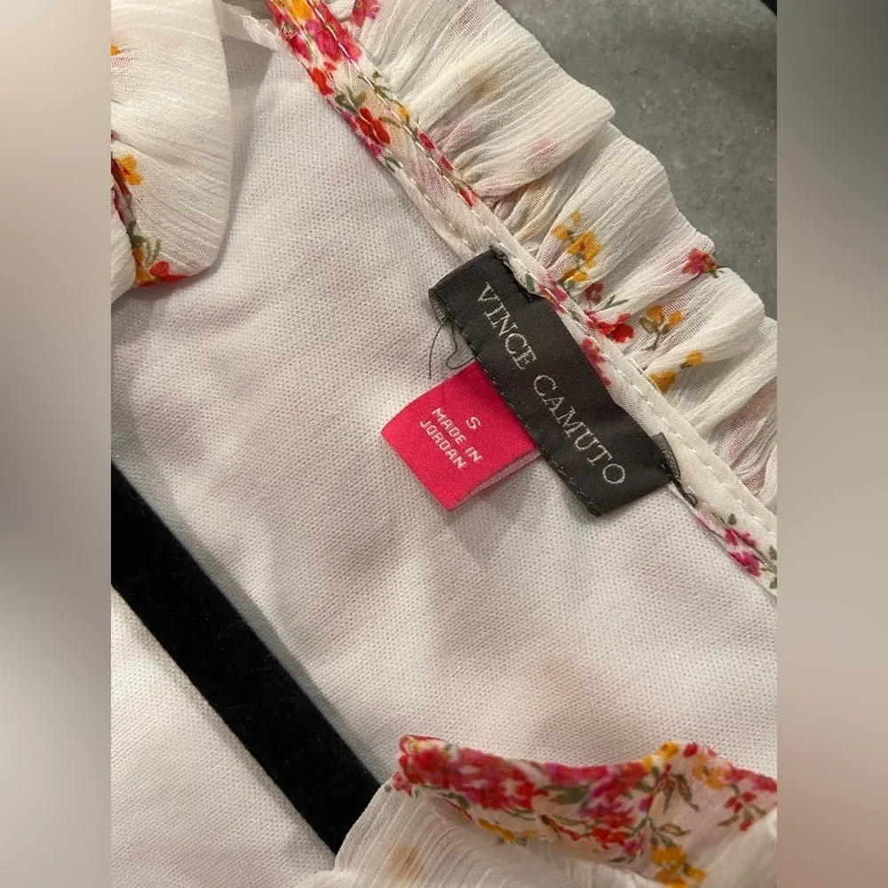 NWT Vince Camuto Size S White Floral Ruffle Flowy Long Sleeve Sheer Mini Dress